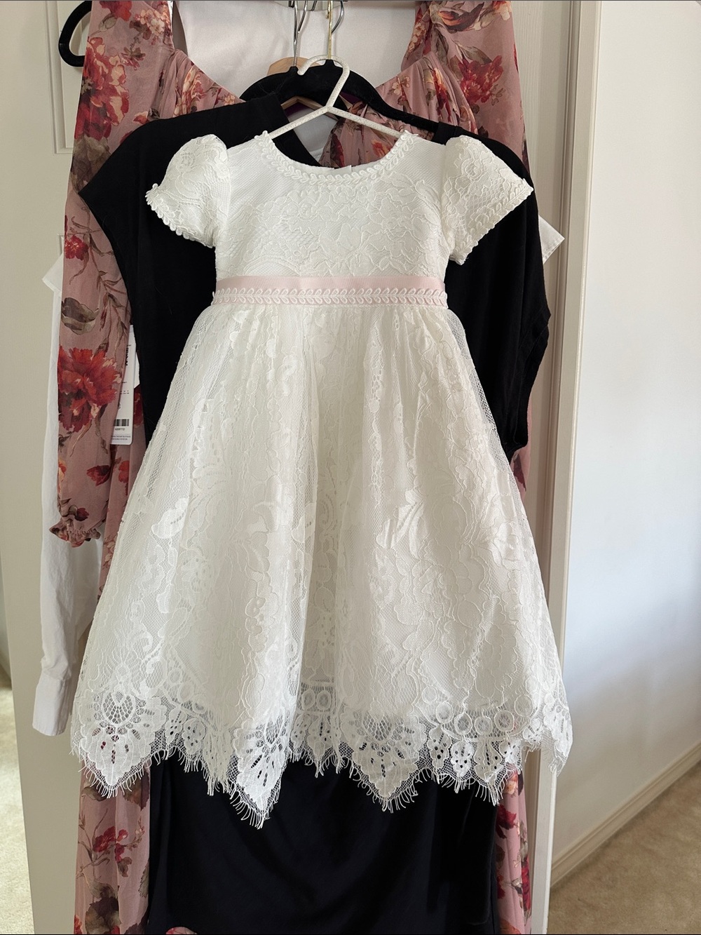 White Lace Baby Dress with Pink Waistband